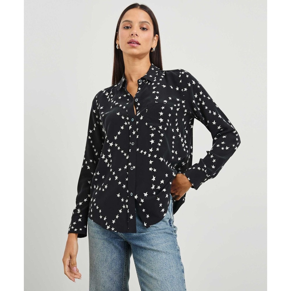 Rails Kate Black White Star Print Button Up Shirt Long Sleeve 100% Silk Medium